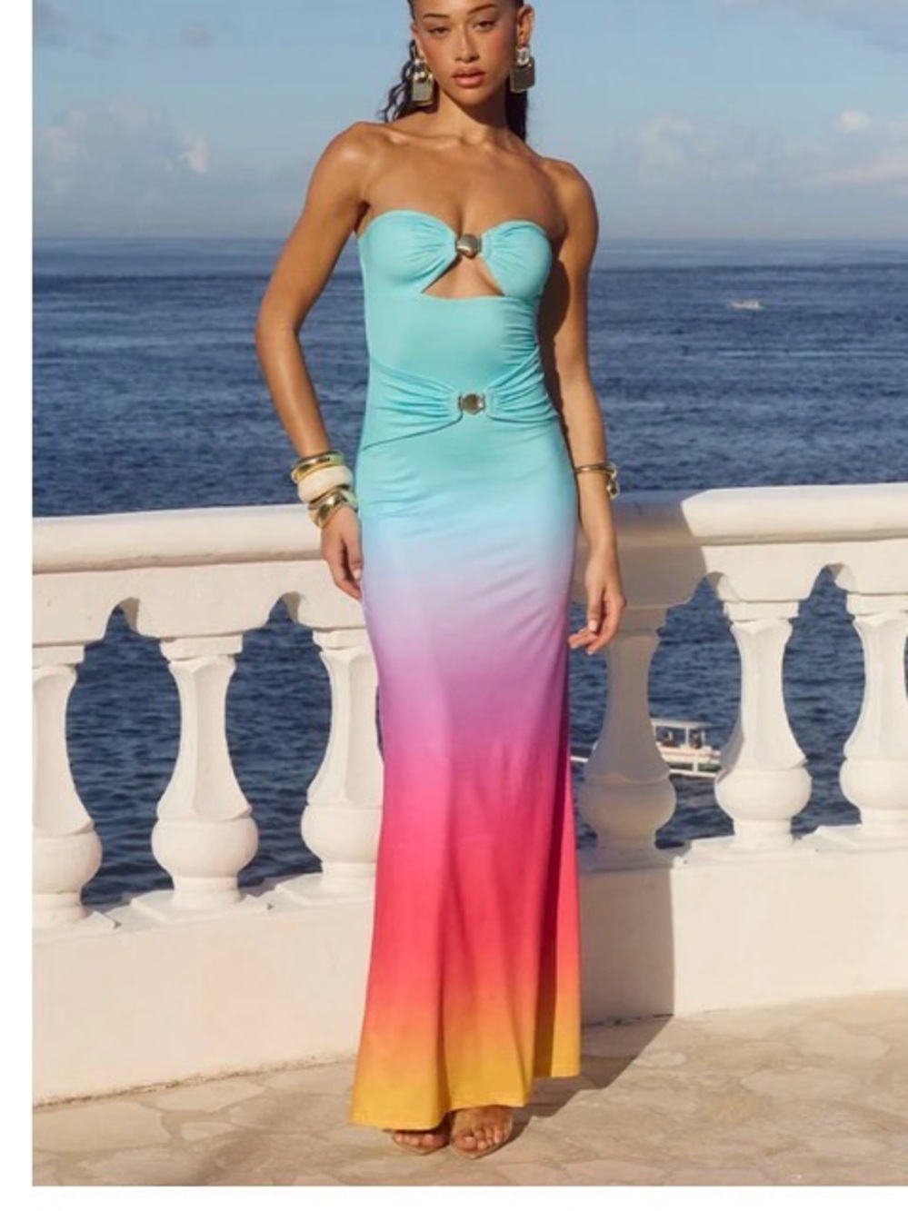 Strapless Ombre Maxi Dress with Ring Accents in Aqua Pink Yellow